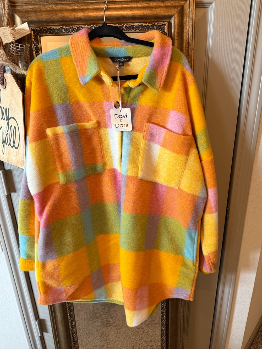 DAVI & DANI Yellow Multicolor Plaid Shacket with Pink and Blue Accents